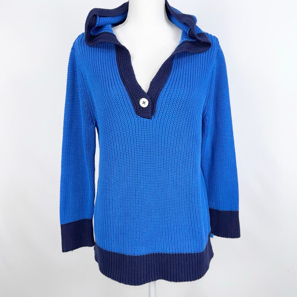 Lauren Ralph Lauren 100% Cotton Hooded Ribbed Knit Sweater Women's Large Blue